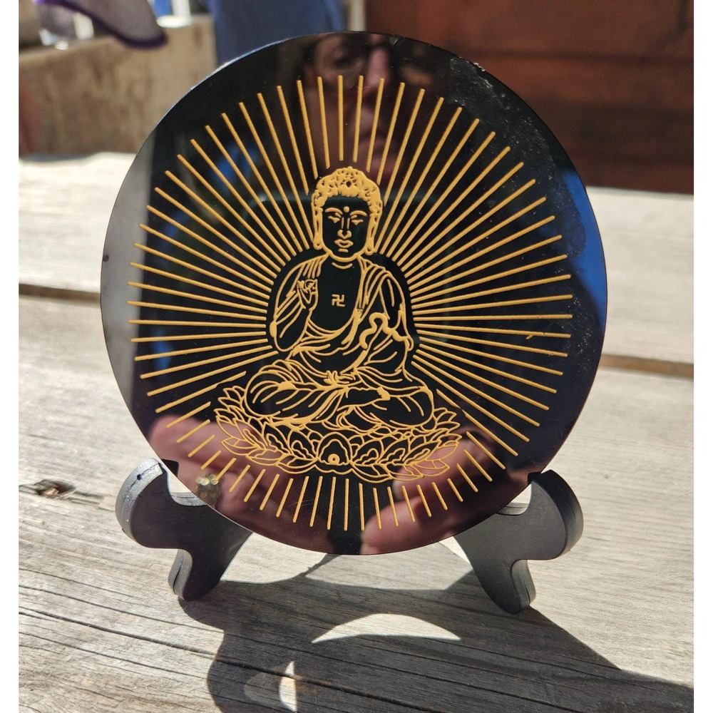 Black Obsidian Buddha Disc, Feng Shui Protection Carving